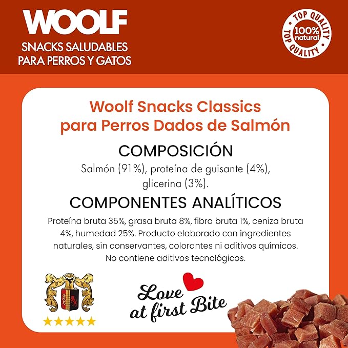 Snacks Naturales para Perros – Dados Blandos de Salmón (100 g) - Nutrición pura, sabor auténtico… y el cariño de siempre