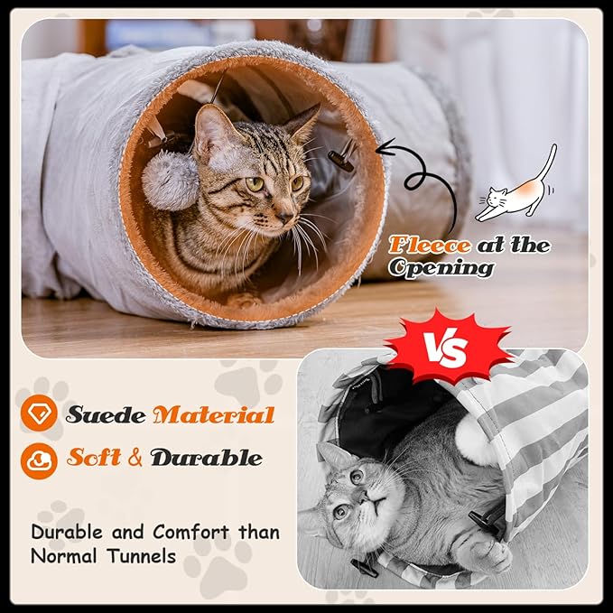 Nobleza – Túnel de Gamuza para Gatos – Túnel de 3 Vías con Agujero Central y Bola Suspendida – Plegable para Gatos, Gatitos, Conejos y Hurones (Gris)