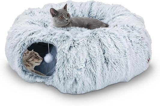 Road – Túnel Cama para Gatos con Alfombrilla Donut – Plegable, Circular, con Agujeros y Bolas de Juego (Gris, 85 x 26 cm)