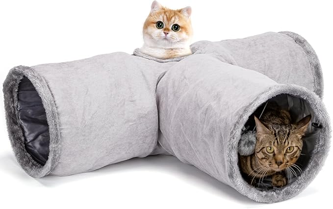 Nobleza – Túnel de Gamuza para Gatos – Túnel de 3 Vías con Agujero Central y Bola Suspendida – Plegable para Gatos, Gatitos, Conejos y Hurones (Gris)