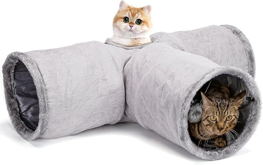 Nobleza – Túnel de Gamuza para Gatos – Túnel de 3 Vías con Agujero Central y Bola Suspendida – Plegable para Gatos, Gatitos, Conejos y Hurones (Gris)