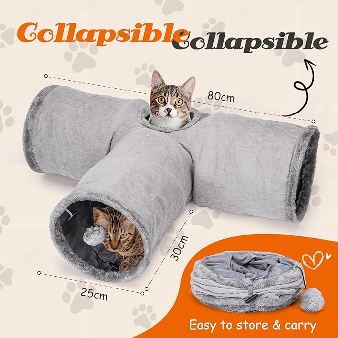 Nobleza – Túnel de Gamuza para Gatos – Túnel de 3 Vías con Agujero Central y Bola Suspendida – Plegable para Gatos, Gatitos, Conejos y Hurones (Gris)