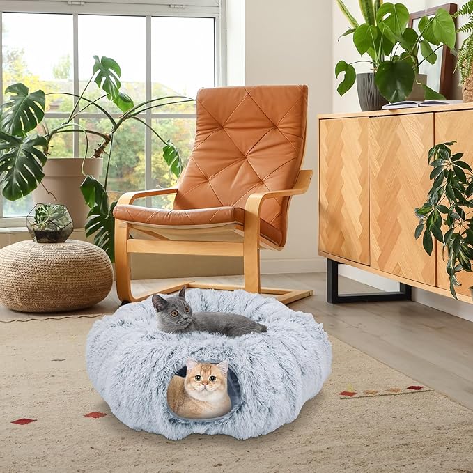 Road – Túnel Cama para Gatos con Alfombrilla Donut – Plegable, Circular, con Agujeros y Bolas de Juego (Gris, 85 x 26 cm)