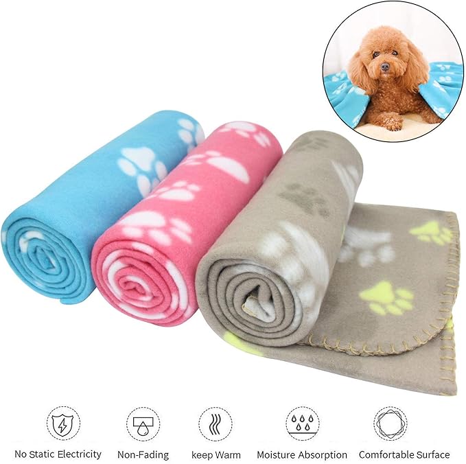 Pack de 3 Mantas Suaves para Mascotas – Estampado de Huellas – 60 x 70 cm – Invierno y Hogar
