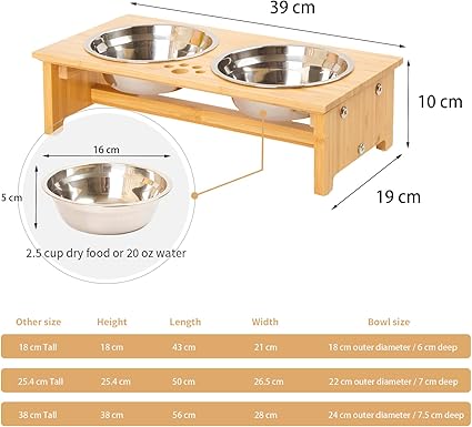 Comedero Elevado de Bambú para Perros y Gatos – Cajones con 2 Tazones de Acero Inoxidable (Tamaño S)
