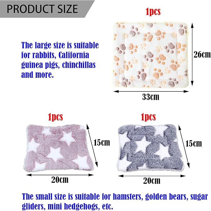 Pack de 3 Camas y Mantas de Felpa para Animales Pequeños – Cobayas, Conejos, Hámsteres, Chinchillas, Erizos y Ardillas