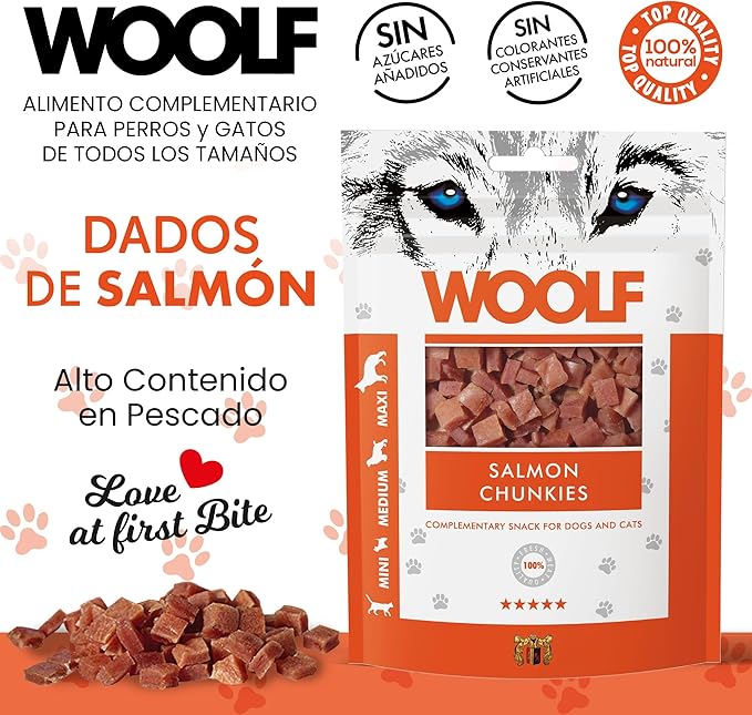 Snacks Naturales para Perros – Dados Blandos de Salmón (100 g) - Nutrición pura, sabor auténtico… y el cariño de siempre