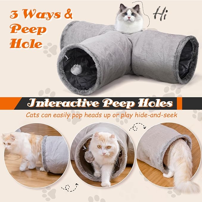 Nobleza – Túnel de Gamuza para Gatos – Túnel de 3 Vías con Agujero Central y Bola Suspendida – Plegable para Gatos, Gatitos, Conejos y Hurones (Gris)