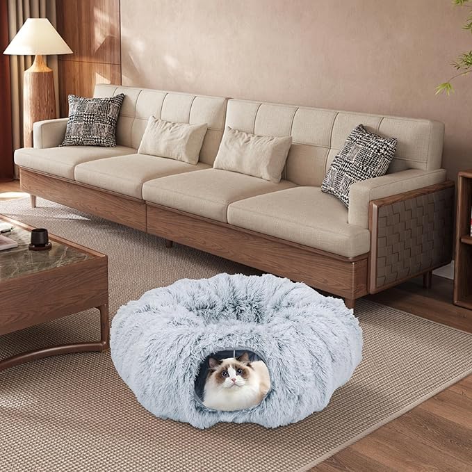 Road – Túnel Cama para Gatos con Alfombrilla Donut – Plegable, Circular, con Agujeros y Bolas de Juego (Gris, 85 x 26 cm)