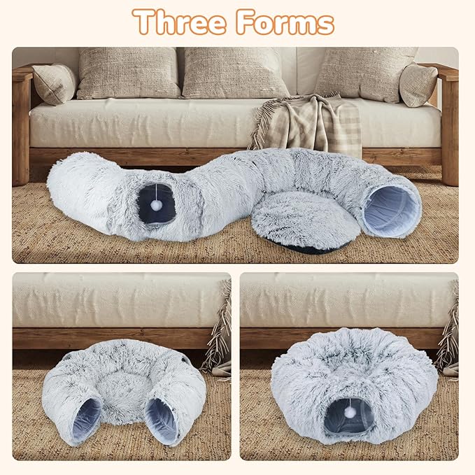 Road – Túnel Cama para Gatos con Alfombrilla Donut – Plegable, Circular, con Agujeros y Bolas de Juego (Gris, 85 x 26 cm)