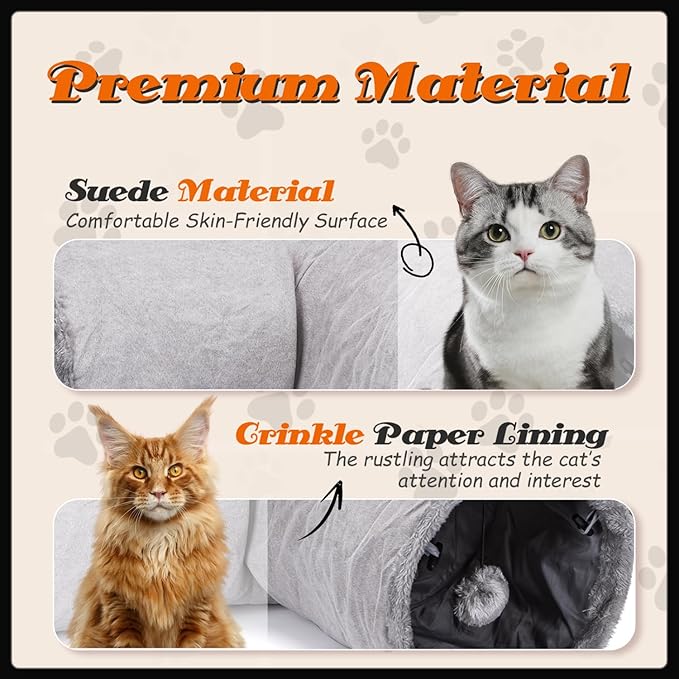 Nobleza – Túnel de Gamuza para Gatos – Túnel de 3 Vías con Agujero Central y Bola Suspendida – Plegable para Gatos, Gatitos, Conejos y Hurones (Gris)