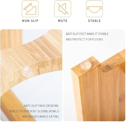 Comedero Elevado de Bambú para Perros y Gatos – Cajones con 2 Tazones de Acero Inoxidable (Tamaño S)