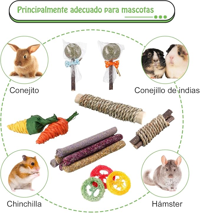 Pack de 15 Juguetes Naturales para Masticar – Conejos, Cobayas, Hámsteres, Jerbos y Animales Pequeños
