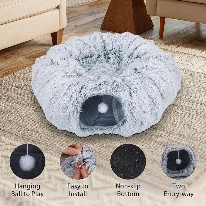 Road – Túnel Cama para Gatos con Alfombrilla Donut – Plegable, Circular, con Agujeros y Bolas de Juego (Gris, 85 x 26 cm)