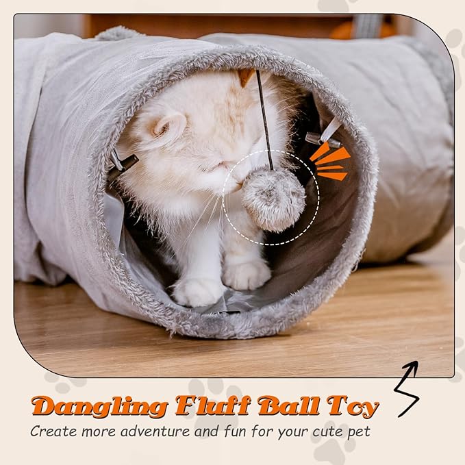 Nobleza – Túnel de Gamuza para Gatos – Túnel de 3 Vías con Agujero Central y Bola Suspendida – Plegable para Gatos, Gatitos, Conejos y Hurones (Gris)