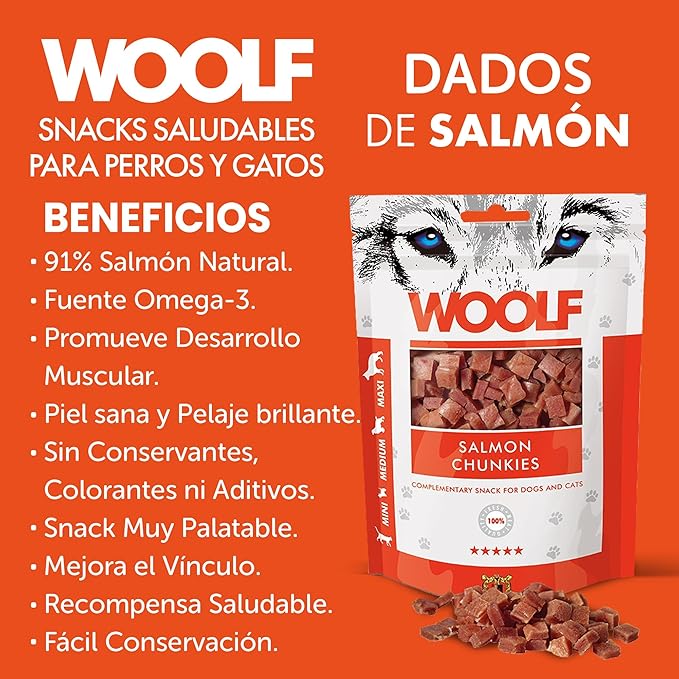 Snacks Naturales para Perros – Dados Blandos de Salmón (100 g) - Nutrición pura, sabor auténtico… y el cariño de siempre