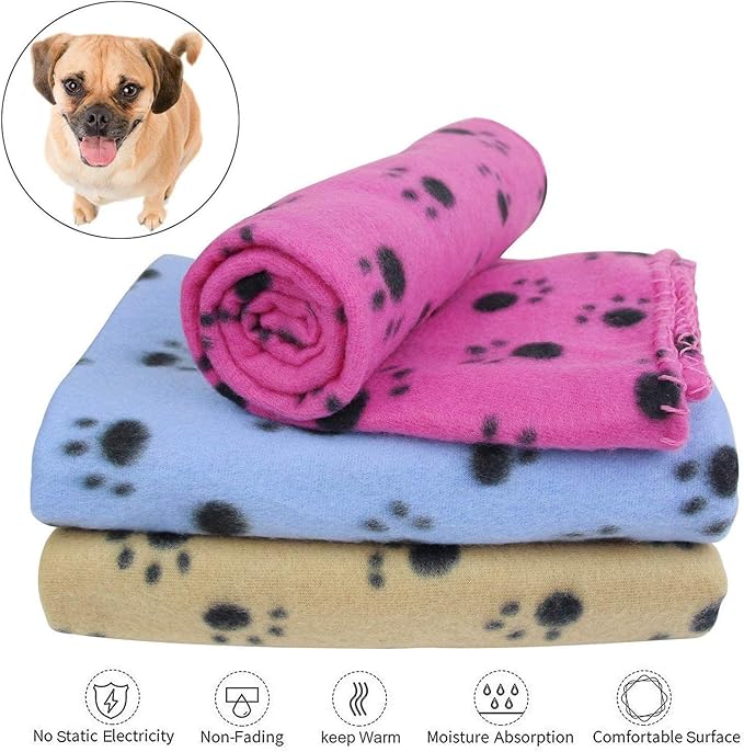 Pack de 3 Mantas Suaves para Mascotas – Estampado de Huellas – 60 x 70 cm – Invierno y Hogar